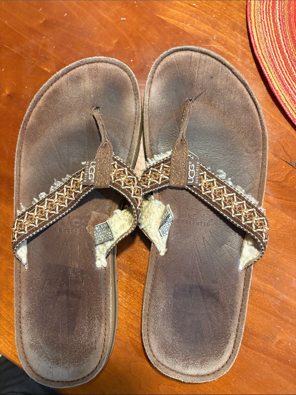 UGG Brown Leather Shearling-Trim Flip Flop Sandals